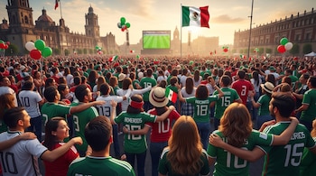 Multitud de personas en una plaza. Pantalla gigante con partido de fútbol. Bandera de México. Edificios históricos. Globos verdes, blancos y rojos.