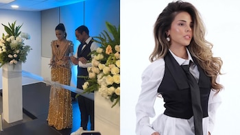 La imagen dividida muestra a Luciana Fuster en un vestido dorado cortando una cinta, y un primer plano de ella con camisa blanca, chaleco negro y corbata