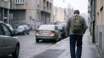 Un hombre de espaldas con chaqueta gris y mochila verde oliva camina por una vereda junto a una calle con automóviles estacionados y edificios.