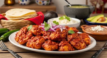 Primer plano de Pollo a la Diabla con cebolla morada y cilantro en un plato blanco, rodeado de tortillas, arroz, frijoles, aguacate, chiles y salsa verde.
