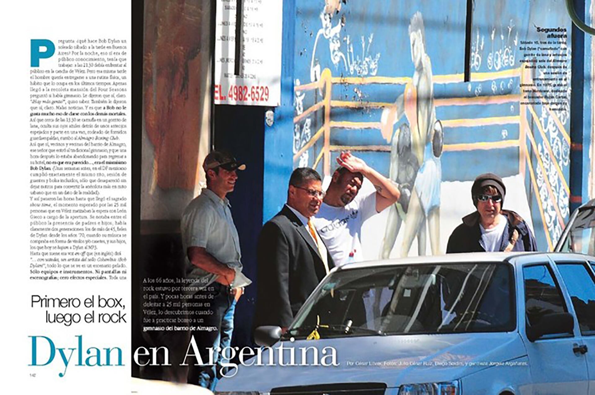 Reproducción de la doble página de Gente, publicada el 19 de marzo de 2008, el único registro de la escapada pugilística de Dylan -camuflado con gorro de lana, peluca rubia y gafas de esquiador- para practicar box en Almagro. La foto la sacó Julio Ruiz