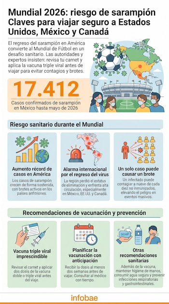 Infografía sobre el riesgo de sarampión en el Mundial 2026 con un mapa de Norteamérica, estadio de fútbol, personas enmascaradas y gráficos de casos y vacunas.