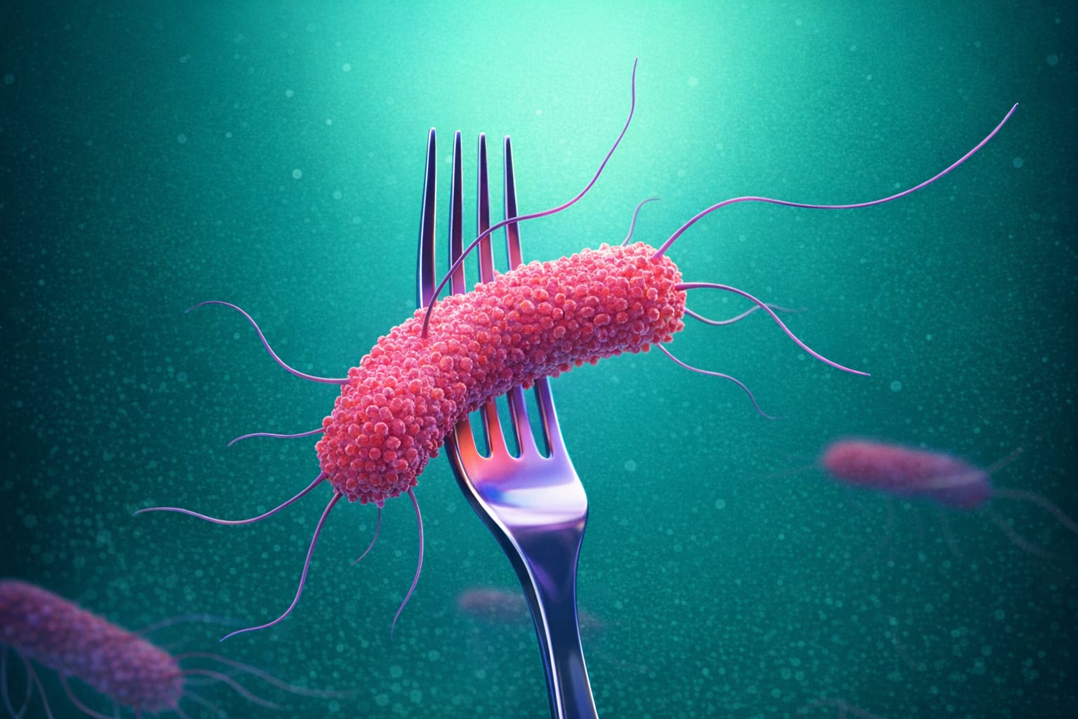 Una representación visual de una bacteria de salmonela adherida a un tenedor metálico ilustra los peligros de la contaminación alimentaria y la importancia de la higiene en la preparación de comidas. (Imagen Ilustrativa Infobae)
