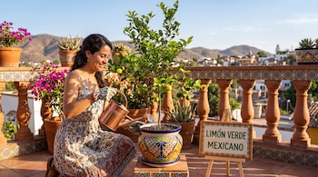 Una mujer con regadera, un árbol de limón en maceta, plantas en un balcón y un letrero con la leyenda Limón verde mexicano.