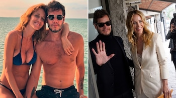 Dos fotografías que muestran a un hombre y una mujer en el agua y vestidos con ropa elegante en una acera.