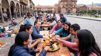 Grupo de personas sonriendo y compartiendo el plato Chiriuchu en una mesa en la Plaza de Armas de Cusco, con edificios históricos y gente paseando al fondo.
