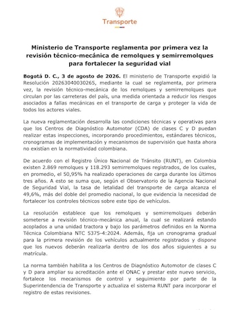El Ministerio de Transporte reglamentó por primera vez las inspecciones obligatorias para equipos arrastrados, una medida que busca bajar riesgos en carretera y responder a una letalidad que supera el promedio nacional - crédito Ministerio de Transporte