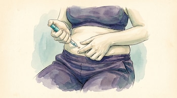 Ilustración de acuarela de una mujer con obesidad inyectándose un medicamento en el abdomen con un dispositivo tipo pluma. Se ven sus manos y torso.