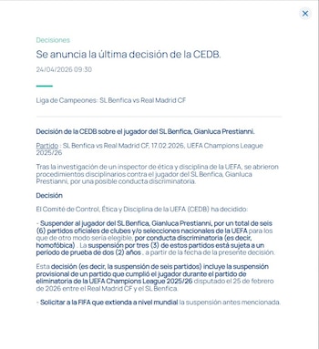 El comunicado completo de la UEFA