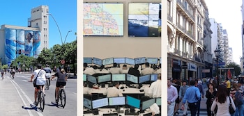 Tres paneles con ciclistas en una avenida, operadores frente a monitores en una sala de control y peatones en una calle comercial con edificios