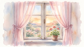 Acuarela de una ventana con cortinas rosa recogidas, una maceta con flores en el alféizar y un paisaje al fondo.