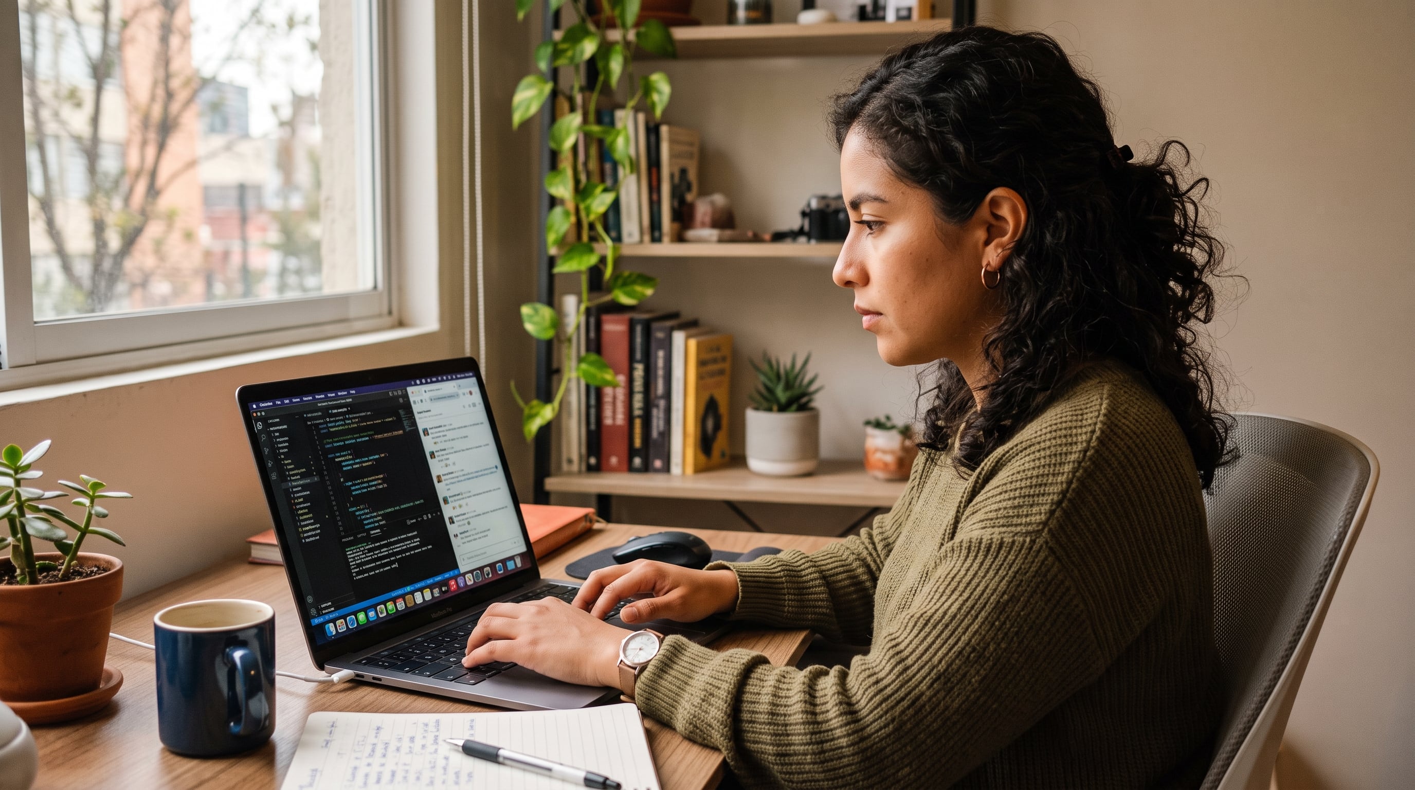 Una joven realiza trabajo remoto en una computadora portátil mientras escribe código informático en su escritorio. (Imagen Ilustrativa Infobae)