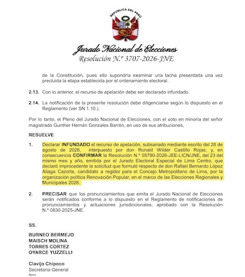 Documento oficial del Jurado Nacional de Elecciones de Perú con el escudo nacional, un texto con resaltado amarillo y nombres de firmantes