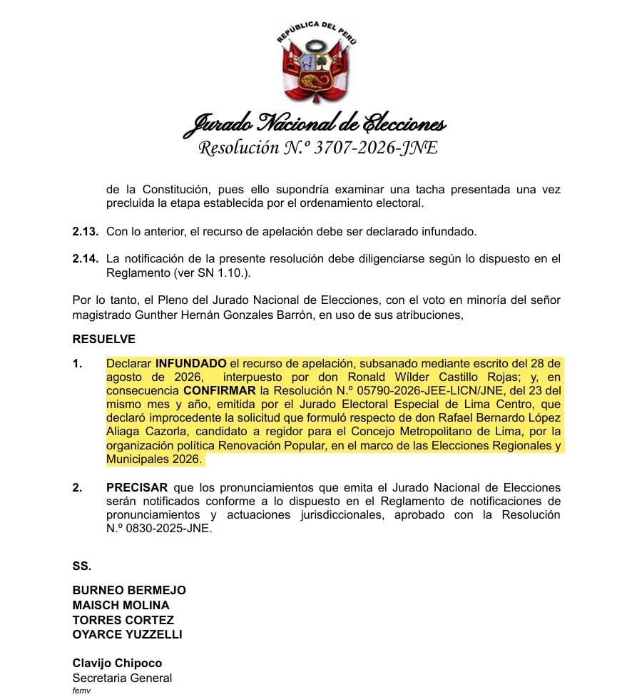 El Jurado Nacional de Elecciones de Perú declara infundada la apelación contra la candidatura de Rafael López Aliaga al Concejo Metropolitano de Lima para las elecciones de 2026.