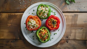 Plato de pimientos rellenos de garbanzos y col, opción vegetariana saludable y sabrosa, con colores vibrantes y sabores frescos. - (Imagen Ilustrativa Infobae)
