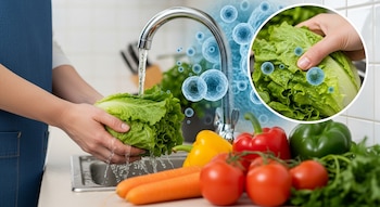 Manos lavando lechuga bajo el grifo, con zanahorias, tomates, pimientos y perejil en la encimera. Bacterias esféricas azules flotan en el agua y sobre la lechuga.