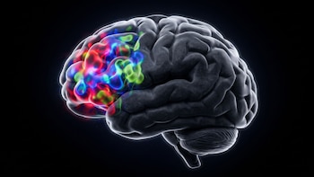 Representación digital de un cerebro con una sección lateral frontal en tonos rojos, azules, verdes y morados. El resto del cerebro es gris. Fondo negro