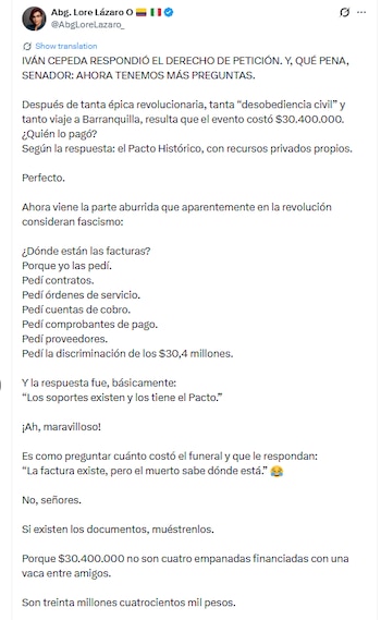 Lázaro Ocampo aclaró que sus cuestionamientos no constituyen una acusación de delito o de ilegalidad, sino solicitudes para conocer el origen de los recursos y las razones que sustentaron la licencia concedida al senador - crédito @AbgLoreLazaro_/X