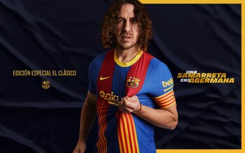 26/01/2021 El exjugador del FC Barcelona Carles Puyol presenta la camiseta especial para el Clásico de la temporada 2020/21, que aúna los colores del club y de la 'senyera' de Catalunya.
El FC Barcelona usará una camiseta especial y conmemorativa en el próximo Clásico contra el Real Madrid, en abril y en feudo blanco, inspirada en quien fuera capitán Carles Puyol y que aún los colores blaugrana del club y los de la 'senyera' de Catalunya.
DEPORTES FÚTBOL DEPORTES
FCB