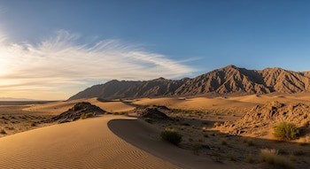 Dunas de arena dorada, montañas rocosas, cielo azul con nubes tenues, formaciones rocosas y pequeños arbustos en un paisaje desértico.