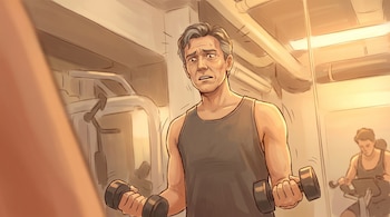 Ilustración de un hombre adulto con cabello gris, de unos 50 años, sosteniendo mancuernas en un gimnasio, con expresión de angustia y sudor.