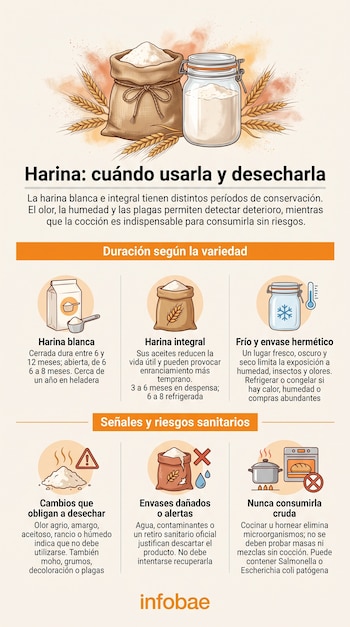 Infografía con ilustraciones de sacos de harina, espigas de trigo, frascos, un termómetro, una olla, un horno y textos explicativos.