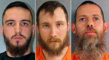 FILE - This combo of undated file images provided by Alvin S. Glenn Detention Center, left, and Jackson County Sheriff's Office, show, from left, Paul Bellar, Joseph Morrison and Pete Musico. The three men accused of supporting a plot to kidnap Michigan’s governor were convicted of all charges Wednesday, Oct. 26, 2022, a triumph for state prosecutors after months of mixed results in the main case in federal court. (Alvin S. Glenn Detention Center and Jackson County Sheriff's Office via AP, File)