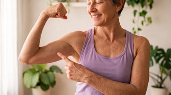 Mujer mayor sonriente con camiseta violeta sin mangas flexiona el brazo y señala su bíceps en una habitación con plantas.