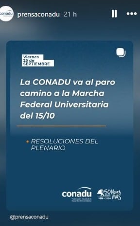 La Federación Nacional de Docentes Universitarios anunció una nueva medida de fuerza (@prensaconadu)