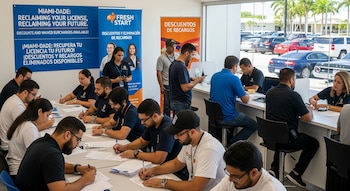 Varias personas sentadas en mesas llenando formularios, mientras otras interactúan con personal de apoyo en un evento de recuperación de licencias de conducir.