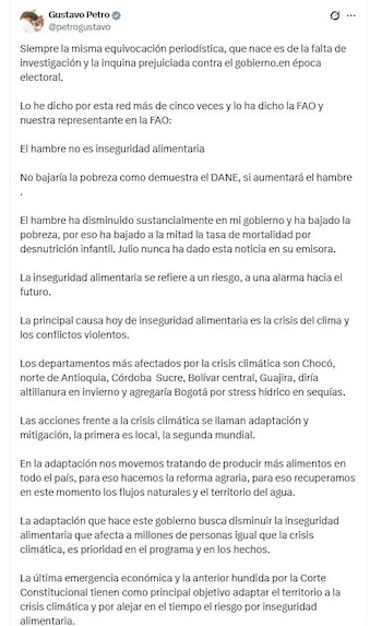 El presidente Gustavo Petro aseguró que confundir hambre con inseguridad alimentaria genera desinformación sobre los avances de su Gobierno - crédito @petrogustavo/X