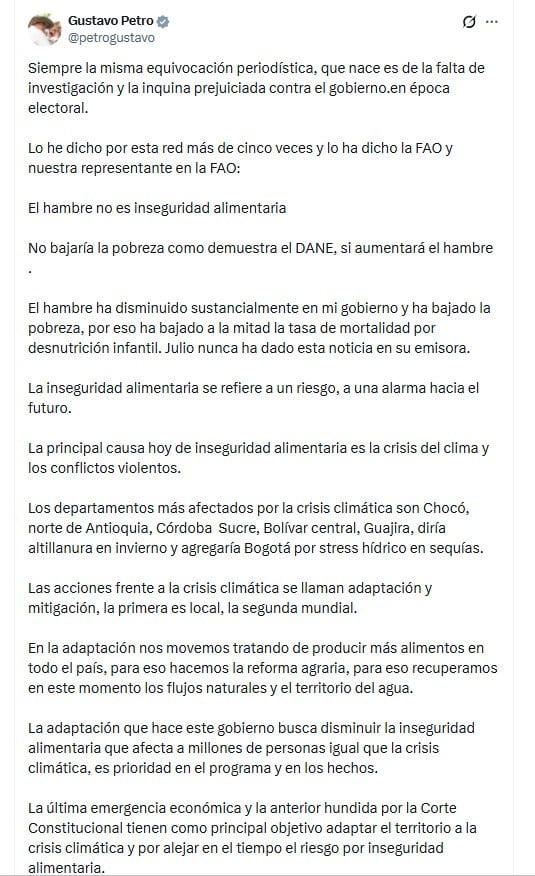 El presidente Gustavo Petro aseguró que confundir hambre con inseguridad alimentaria genera desinformación sobre los avances de su Gobierno - crédito @petrogustavo/X
