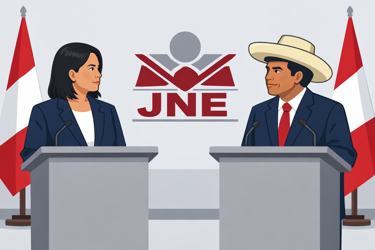 Keiko Fujimori y Roberto Sánchez participan en un debate presidencial organizado por el Jurado Nacional de Elecciones (JNE), con banderas peruanas de fondo y el logo institucional visible. (Imagen Ilustrativa Infobae)