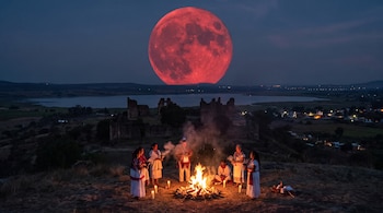 Personas con vestimenta blanca rodean una fogata con velas frente a ruinas y una gran luna roja sobre el horizonte nocturno.