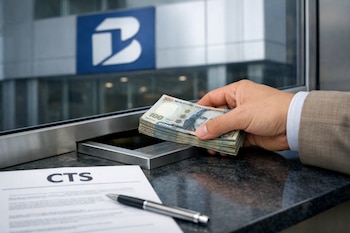 Mano adulta depositando billetes peruanos en ventanilla de banco, con documento 'CTS' y bolígrafo en mostrador. Logo bancario en azul y blanco al fondo.