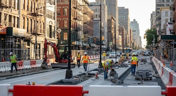 Vista de Flatbush Avenue en Brooklyn con edificios antiguos. Trabajadores con chalecos de seguridad, una excavadora y barreras rojas y blancas en una zona de obra vial.