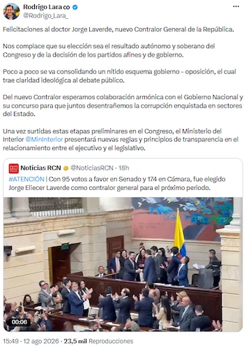 Rodrigo Lara resalta elección autónoma del nuevo contralor y llama a fortalecer la transparencia institucional - crédito @Rodrigo_Lara_/X