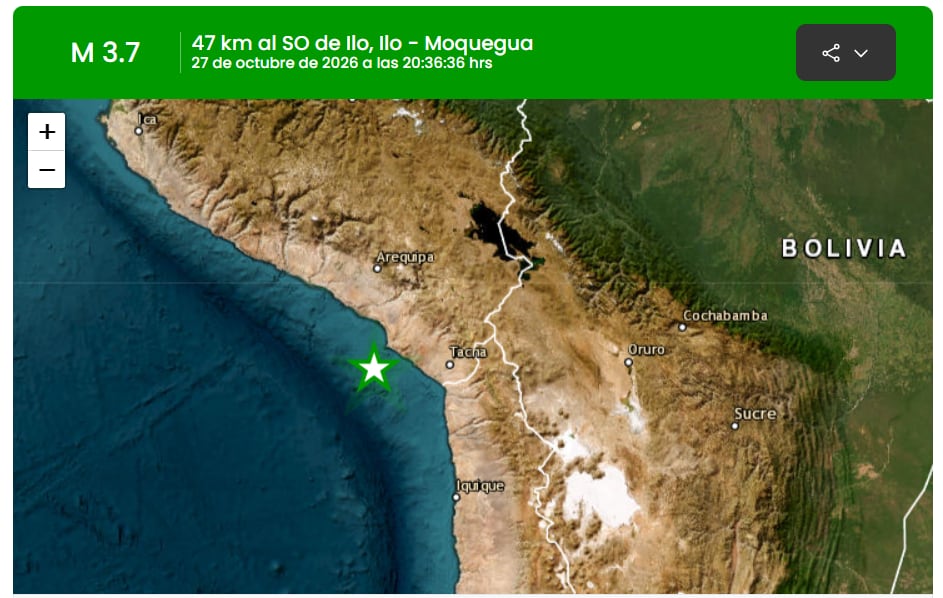 Un mapa del sur de Perú ubica el epicentro de un sismo de magnitud 3,7 ocurrido en el océano Pacífico a 47 kilómetros al suroeste de Ilo, en el departamento de Moquegua. (IGP)