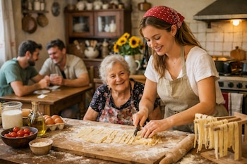 Una joven y una mujer mayor preparan pasta casera en una mesa con harina, huevos, tomates, aceite y un rodillo. Dos hombres están al fondo.