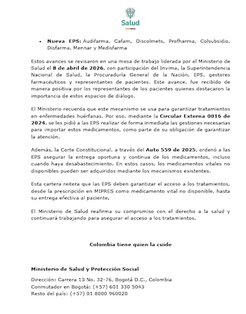 Las farmacias encargadas de la distribución son Global Pharmaceutical S.A.S.; Gestifarma S.A.S.; Cruz Verde; Ramedicas y Cafam; Audifarma, Cafam, Discolmets, Profharma, Colsubsidio, Disfarma, Mennar y Medisfarma - crédito Ministerio de Salud