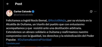 Carlos Caicedo también destacó la victoria electoral de Ingrith Rocío Bernal Mejía - crédito @carlosecaicedo