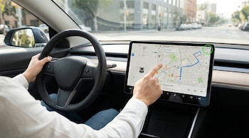 Vista desde el asiento trasero de un conductor con camisa blanca y jeans, sus manos en el volante y tocando una pantalla de navegación en el tablero del auto.