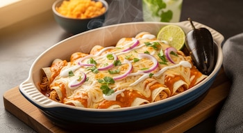 Enchiladas suizas de chipotle humeantes en platillo ovalado, cubiertas con salsa, queso, crema, cebolla morada y cilantro. Al lado, una rodaja de lima y un chile oscuro.
