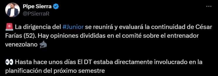 Junior de Barranquilla puso en duda la continuidad de César Farías, tras la eliminación en los cuadrangulares - crédito @PSierraR/X