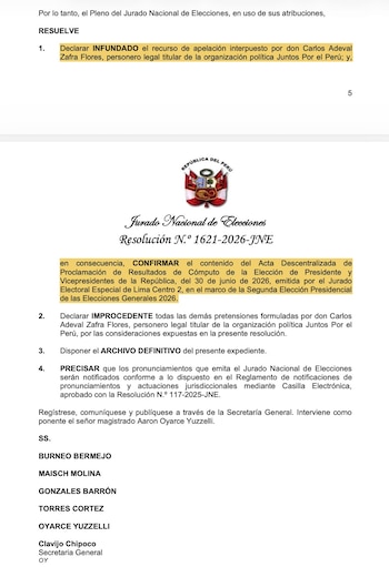 Documento del Jurado Nacional de Elecciones con escudo de la República del Perú. Muestra resolución, texto numerado y nombres de magistrados