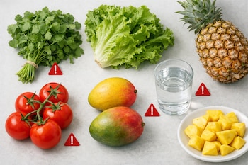 Ramo de cilantro, lechuga, tomates en rama, dos mangos, piña entera, piña en trozos en plato, vaso de agua y seis señales triangulares de advertencia rojas.