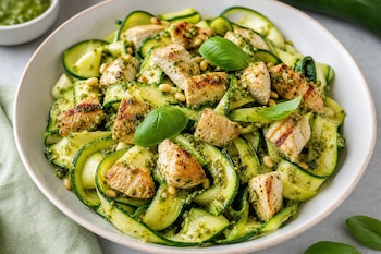 Cuenco con tiras de calabacín, dados de pollo dorado, piñones, hojas de albahaca y salsa pesto verde.