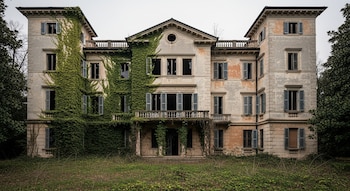 Mansión antigua con ventanas rotas, persianas azules, vegetación trepadora en la fachada y un jardín frontal descuidado bajo un cielo nublado.