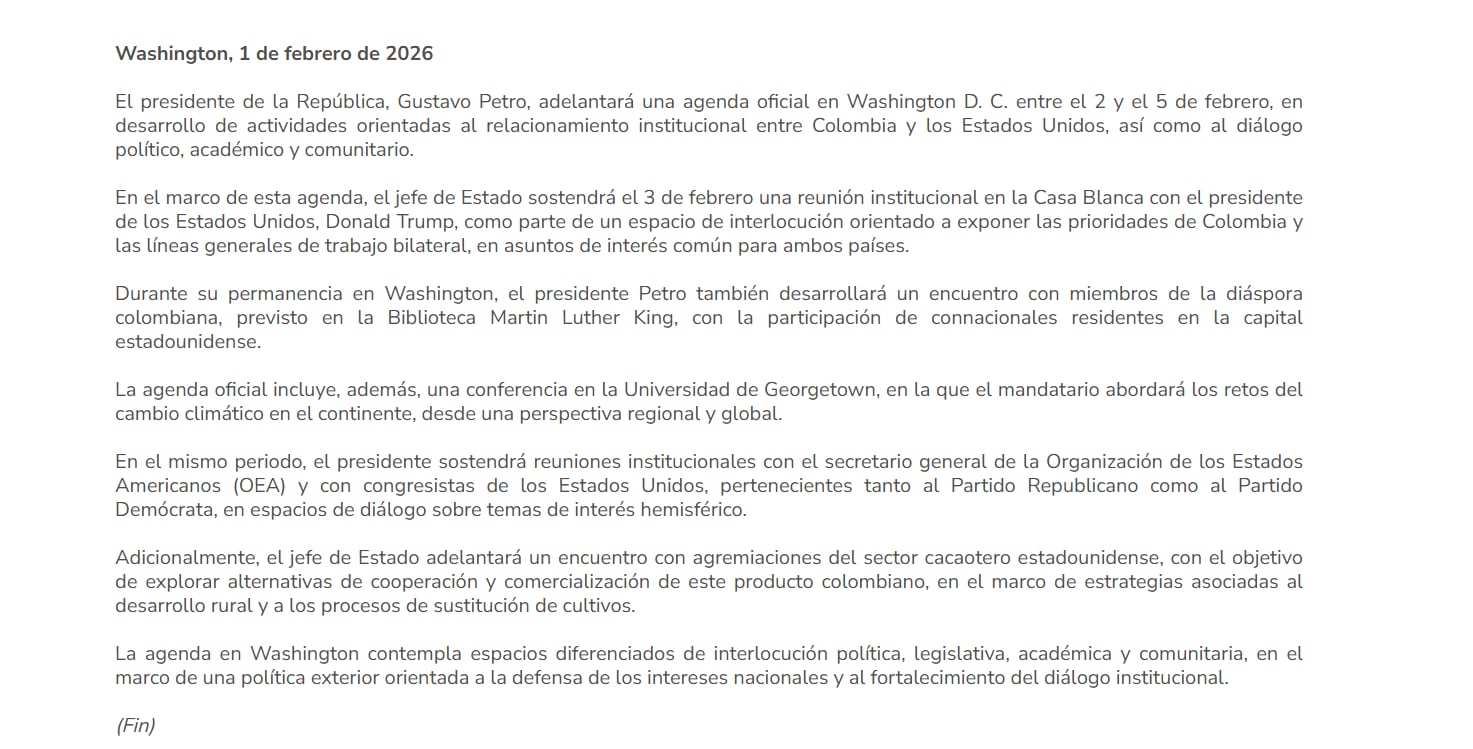 Comunicado de Presidencia sobre visita de Petro en Estados Unidos - crédito Presidencia