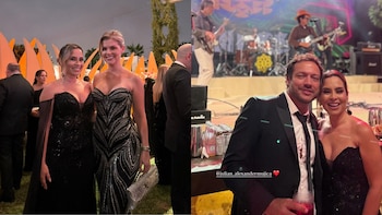 Dos fotos compuestas con personas vestidas de etiqueta durante una fiesta nocturna y ante un escenario con músicos en vivo